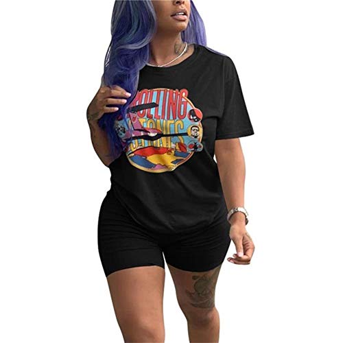 Ptorlio Women 2 Piece Casual Outfit Short Sleeve Cartoon Print T-Shirts Bodycon Shorts Set Jumpsuit Rompers