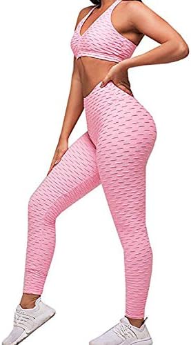 Womens 2 Piece Gym Yoga Clothing Crop Tank Top Tube Bra and High Waist Textured Legging Workout Suit Set