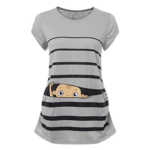 Woman Maternity T-Shirt,Stripe Baby Print Short Sleeve Ruched Side Top, Pregnancy Funny Fashion Style Blouse (Gray, L)