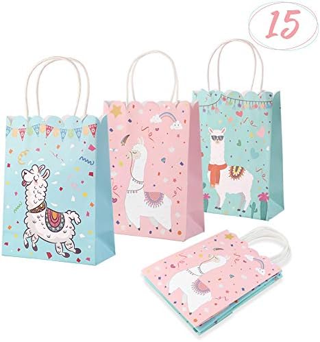 Aytai 15Pcs Llama Party Favor Bags, Llama Party Supplies, 3 Styles Llama Goody Bags for Kids Birthday Party Baby Shower, Pink/Blue/Mint Green