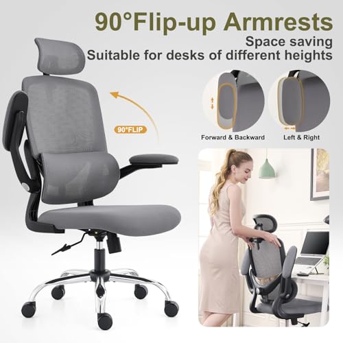 TONFARY Ergonomic Office Chair, High Back Mesh Office Chair, Adjustable Lumbar Support, Folding Armrest, Removable Headrest, Gaming Chair for Computer Swivel 150kg