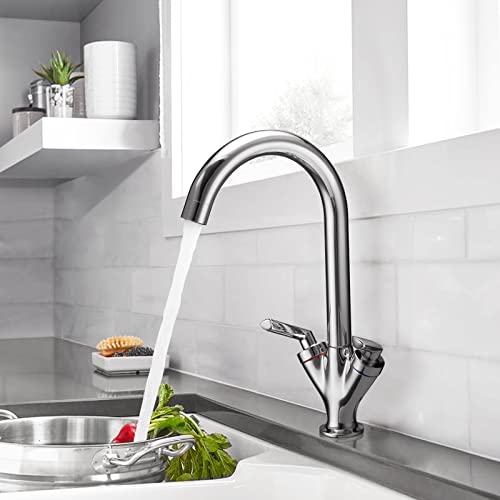 Funime® Kitchen Sink Mixer Taps Monobloc Swivel Spout Chrome Brass Dual Lever with Hoses Traditional Kitchen Mixer Taps 1 Hole