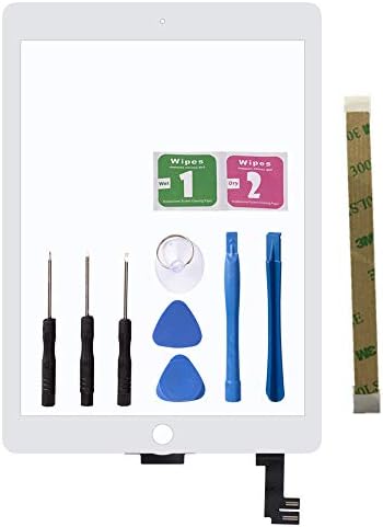 iPad Air2 Digitizer Replacement Screen Front Panel Touch Glass Assembly Includes Front Camera Bracket with Tools Repair Kit & Adhesive (A1566 A1567 White)