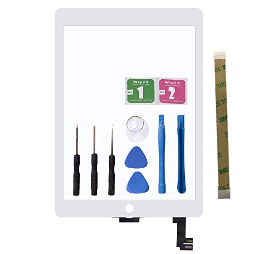 iPad Air2 Digitizer Replacement Screen Front Panel Touch Glass Assembly Includes Front Camera Bracket with Tools Repair Kit & Adhesive (A1566 A1567 White)