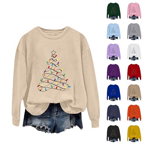 Long Christmas Jumpers for Women, Tree Graphic Print Xmas Sweatshirt Soft Crewneck Long Sleeve Funny Christmas Tops for Women