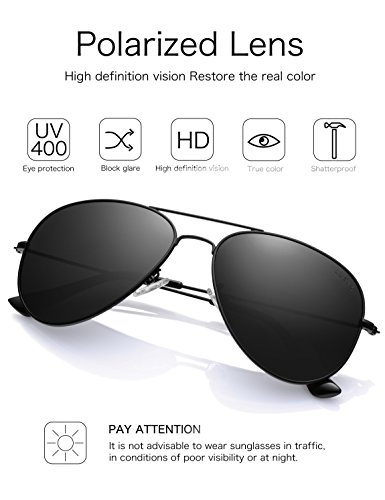 LUENX Aviator Sunglasses Polarized Mens Womens Black Lens Black Metal Frame 60mm