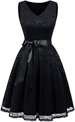 Women's Cocktail Dress V Neck Vintage Floral Lace Swing Bridesmaid Dress