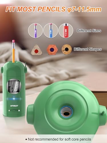 AFMAT Electric Pencil Sharpener for Colored Pencils 7-11.5mm, Fully Automatic Pencil Sharpener, Auto in & Out, Rechargeable Hands-Free for Large Pencils, Green