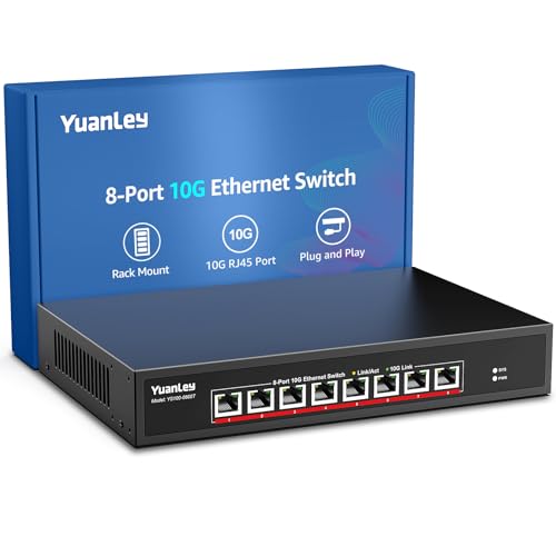 YuanLey 10G Ethernet Switch 8 Ports RJ45 10Gbps, Supports Speed 10G/5G/2.5G/1G/100M Auto-Negotiation, 160G Switching Capacity, Unmanaged Switch, Rackmountable, Plug and Play