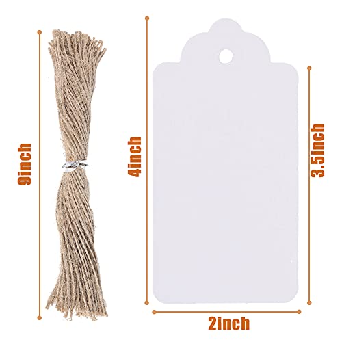 SallyFashion Kraft Paper Tags, 100 PCS White Gift Tags 2X4 Inches Craft Hang Tags with Free 100 Root Natural Jute Twine for Gifts Arts and Crafts Wedding Holiday