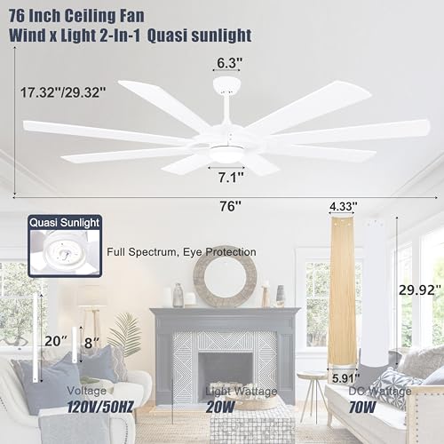Ohniyou 76 Pulgadas Grandes Ventiladores de Techo con Luces y Control Remoto, 8 Palas de Madera Blanco al Aire Libre Moderno Ventiladores de Techo Industrial para La Sala de Estar Patio de La Granja