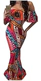 Abetteric Womens Shoulder Off Floral Sexy Bodycon Lacing Maxi Dress Red L