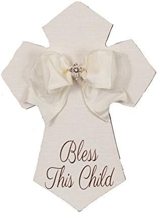 The Faith Collection Cream Bless This Child with Bow and Jewel MDF Wall Cross, 14"