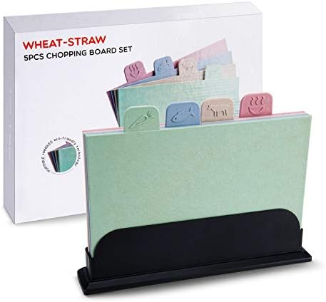 Niceclub Index Chopping Boards Set Wheat Straw Plastic Eco-Friendly Cutting Boards Colour Coded Chopping Boards with Storage Stand (Set of 4)