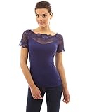 PattyBoutik Women's Scalloped Lace Inset V Neck Top (Navy Blue L)
