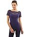 PattyBoutik Women's Scalloped Lace Inset V Neck Top (Navy Blue L)