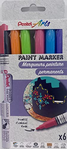 Pentel Arts Paint Marker MSP10, Pack of 6 Permanent Paint Markers, Fine Point, Black/Purple/Pink/Orange/Light Green/Sky Blue