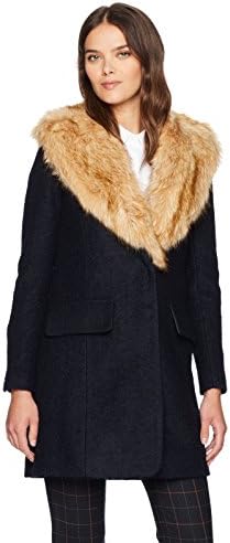 Badgley Mishka Women's Holly Wool Coat Boucle with Faux Fox Fur Collar, Navy, L