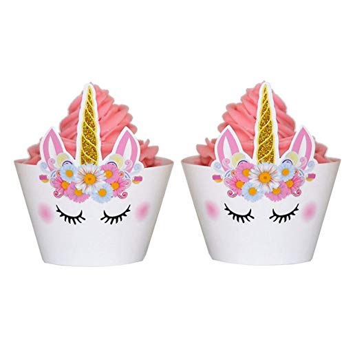 Xeminor Premium Unicorn Party Decorations for Kids Baby Cake Toppers, Plates, Napkins, Gifts Bag, Ppcorn Box Birthday Party Celebration Paper Tableware Decorations 12 Cake Wrapper and Topper