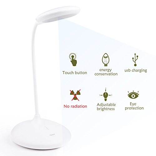 Desk Lamp with USB Charging Port, PEMOTech Folding Desk Lamp,Eye-care Table Lamp,Dimmable LED Lamp,Office Lamp,Rechargeable Reading Light,Touch Control,3 Brightness Levels,Adjustable Gooseneck,1800mAh