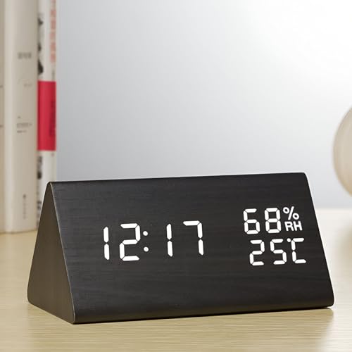 VORRINC Wooden LED Digital Alarm Clock with 2 Alarms/Temperature/Humidity Display, 3 Brightness Levels, Bedside Table for Bedroom
