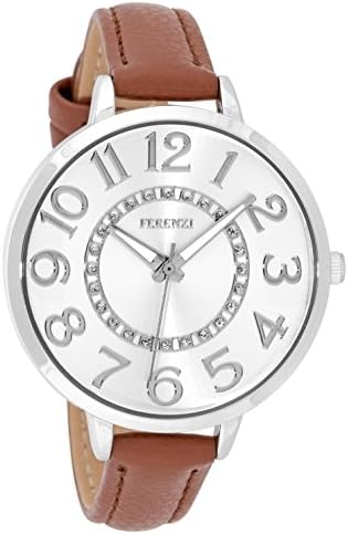 Women's Watches By Ferenzi - Classic Silver-Tone Sunray Dial With Brown Padded PU Leather Band Watch - Make Every Second Count - FZ17706