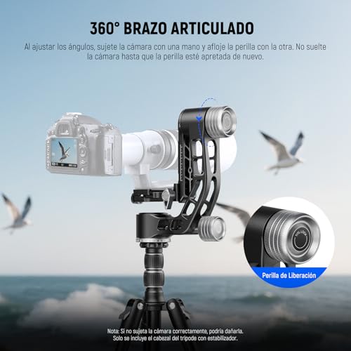 NEEWER GM102 Cabezal Gimbal para Trípode Monópode Teleobjetivos, 360° Cabezal Trípode Cámara Panorámica, Ajuste 3 Ejes, Aleación Aluminio CNC Resistente, Liberación Rápida Tipo Arca, Carga Máx 15 kg