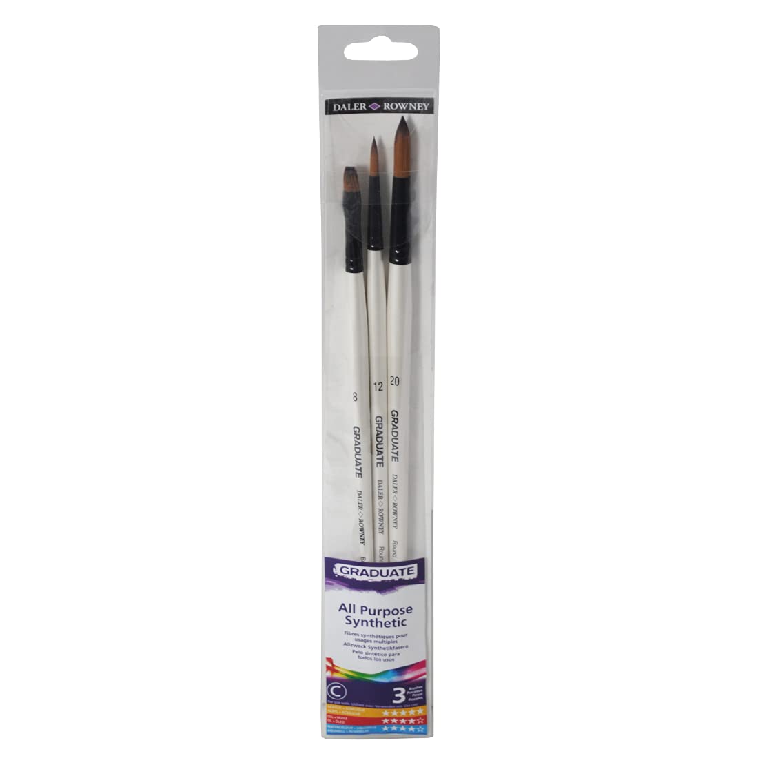 Daler-Rowney Graduate Multi-Technique Brush, Synthetic Hair, Long Handle, Bright and Round, , Wallet Set, 3 Assorted Brushes
