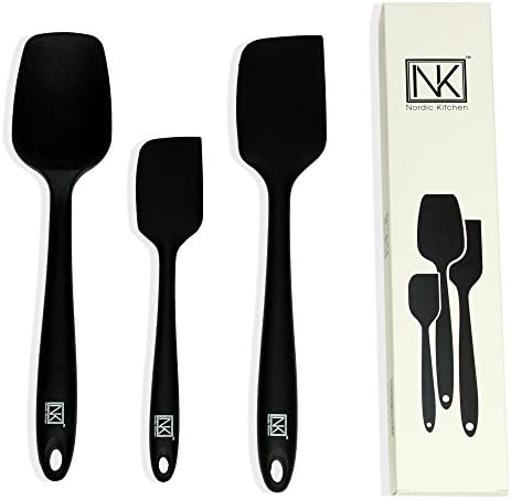 Nordic Kitchen 3-piece Silicone Spatula Set - BPA Free, FDA Approved, 450F Heat Resistance, Stainless Steel Core, (Black)
