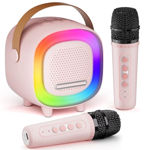 BNEHHOV Karaoke for Children, Mini Bluetooth Speaker with 2 Wireless Karaoke Microphones, Sing You Karaoke with LED Light and Voice Changing, Microphone Karaoke Games Girl Gift Games 3-12 Years