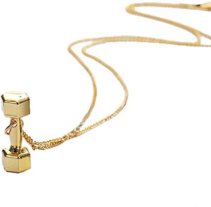 Grenf Fashion Alloy Gold Silver Tone Engraved Letter Strength Bible Verse Cross Necklace Weight Lifting Dumbbell Barbell Necklace Coins Pendant for Couples (Body building dumbbell - Gold)