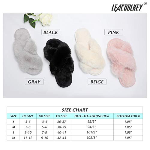 LEACOOLKEY Women Cross Band Slippers, Soft Plush Fleece Slippers, Furry Cozy Open Toe House Shoes, Indoor Outdoor Faux Rabbit Fur Comfy Slippers