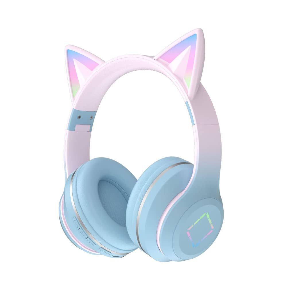 Usoun Kids Headphones,Cat Ear Led Light Bluetooth Kids Headphones with Mic,Girls Headphone Wireless,TF Card,3.5mm Audio,Wireless/Wired Foldable Kid On Ear Headphone for Boys Girls Adults (Blue)