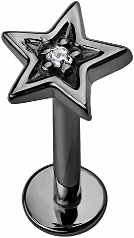Diamond Star 14K Black Ruthenium Plated 14K Yellow Gold Labret Lip or Tragus Earring 16G
