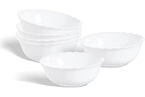 CLARO by 1 Stop & Go - 12 Oz - Set of 6 - Chip and Break Resistant Opalware Glass 6 inch Scallop Soup Bowl - Microwave and Di