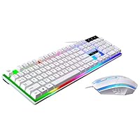 YRD TECH Rainbow Backlight Gaming USB Wired Keyboard and Mouse Combination,Suspension Style Key Caps Waterproof and Dustproof Keyboard,DPI 1600 Ergonomic Mouse (White)