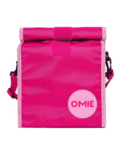 OmieBox Lunch Bag - Washable Velcro Rolltop Reusable Nylon Lunch Tote with Adjustable Strap - 14.5 x 9 Inches (Pink)