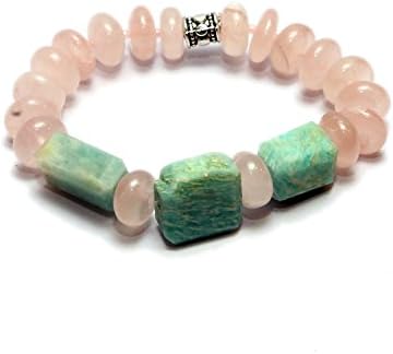 Aqeeqee Natural Gemstone Rose Quartz with Amazonite Unisex Bracelet for Healing