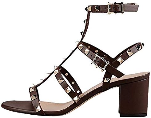 Comfity Leather Sandals for Women,Rivets Studded Strappy Block Heels Slingback Gladiator Shoes Cut Out Dress Sandals
