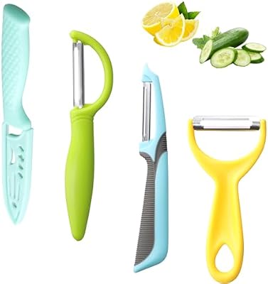 4 Piezas Pelador, Pelador Giratorio de Verduras de Acero Inoxidable, Cuchillo para Frutas con Mango Antideslizante para Patatas, Manzanas, Zanahorias y Pepinos