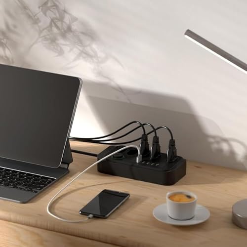 Extensão de Energia Filtro de Linha Régua de Energia com 5 Tomadas 4 USB-A e 2 USB Tipo-C Cabo 2 Metros Bivolt 110-220V Potência 2500W e Carregamento Inteligente Linha Premium (Preto)