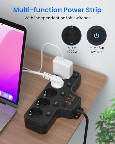Regleta Enchufe Plano, Regleta 5 Tomas con USB C Carga Rápida PD20W, Negro