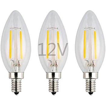 OPALRAY LED Candelabra LOW Voltage Bulb, DC 12V, 2W 200Lm, Dimmable, Warm White Light, E12 Candle Base, Clear Glass Torpedo Tip, 25W Incandescent Equivalent, 12-24Volts DC Power, 3 Pack