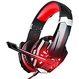 BlueFire Stereo Gaming Headset for PS4, PC, Xbox One Controller, Noise Cancelling Over Ear Headphones with Mic, LED Light, Bass Surround, Soft Memory Earmuffs for Laptop Nintendo Switch (Black-Red)