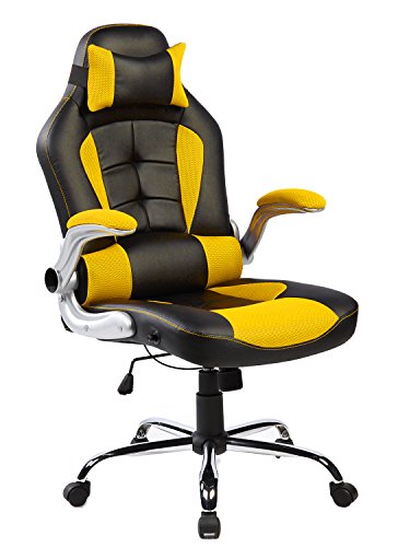 Merax High-back Ergonomic Pu Leather Office Chair Racing Style Swivel Chair Computer Desk Lumbar Support Chair Napping Chair (Yellow and Black)