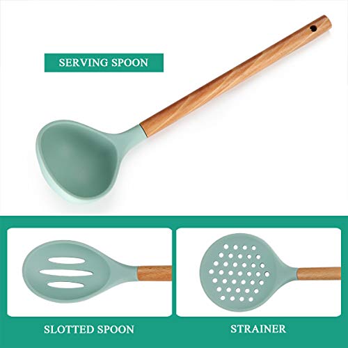 Kitchen Utensil Set 8 Piece Silicone Cooking Utensils Set, Wood Kitchen Utensils for Nonstick Cookware, BPA Free & Non Toxic Turner Tongs Spatula Spoon Set, Kitchen Tools Gadgets with Utensil Holder