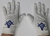 Masonic White Cotton Gloves With Blue & Black Color Machine Made Embroidered Square, Compass & G (X-L)