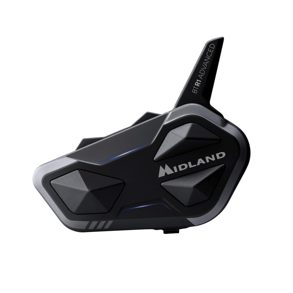 Midland - Motorcycle Intercom BTR1 Advanced Single, Waterproof IPX6 Helmet Bluetooth Headset, 1.2Km Range, Conference for Up to 4 People, 23H Battery, Noise Cancellation, HD Audio, ECE2206 Compliant