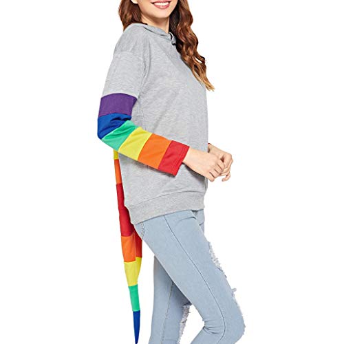 Alangbudu Women Novelty Super Long Tail Rainbow Stripes Hoodie Long Sleeve Pullover Loose Blouse Shirt Tops Sweatshirt