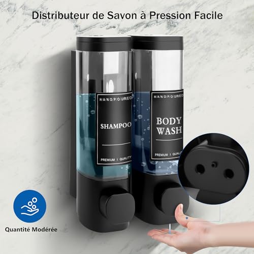 MEKOTRIN Wall Mounted Soap Dispenser, Shower Gel Dispenser, Double Shampoo and Conditioner Dispenser without Drilling ABS for Bathroom, Kitchen, Market, Hotel, Restaurant 300 ml x 2 (Black)